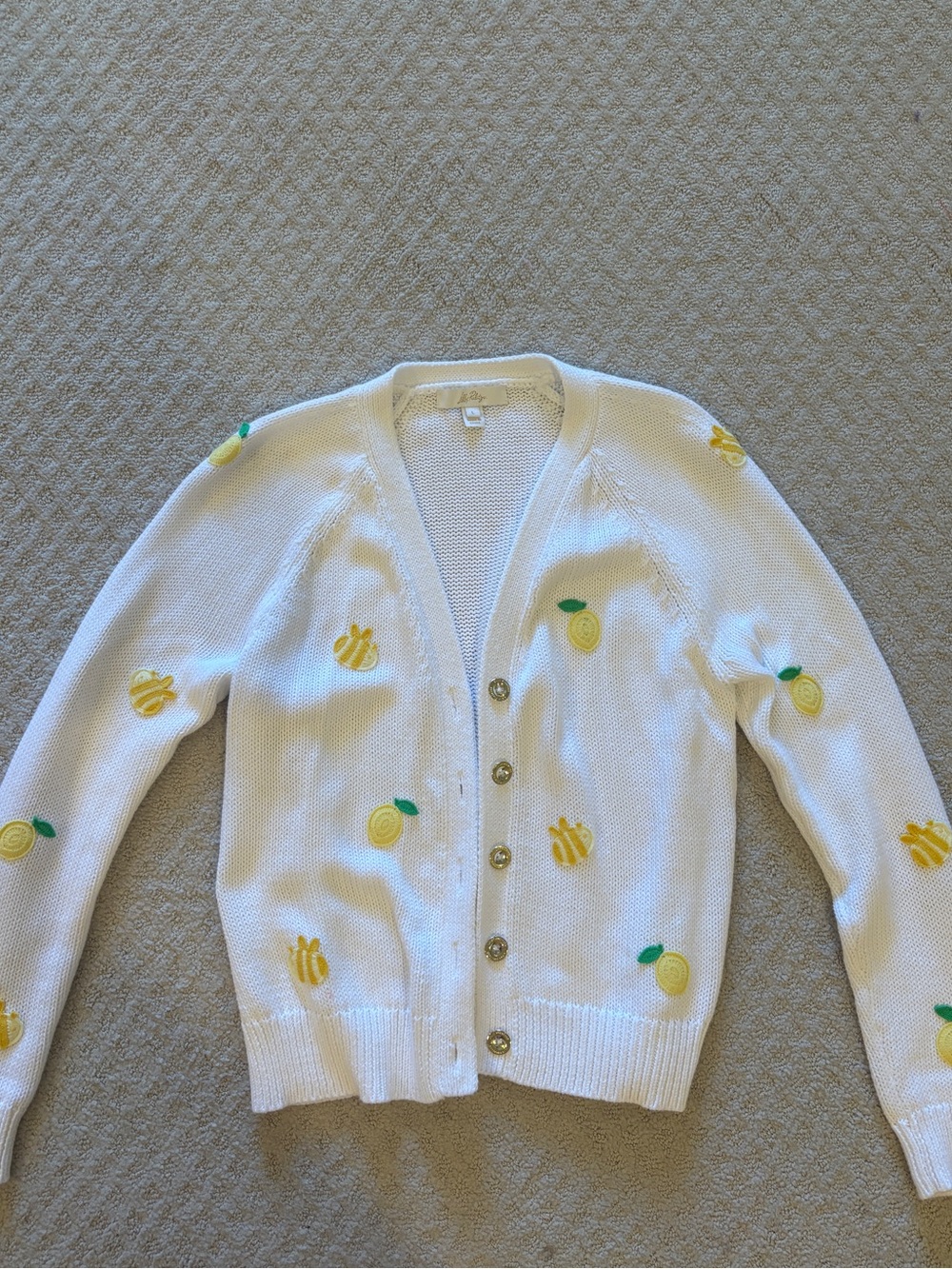 Lilly Pulitzer White Lemon Appliqué V-Neck Cardigan
